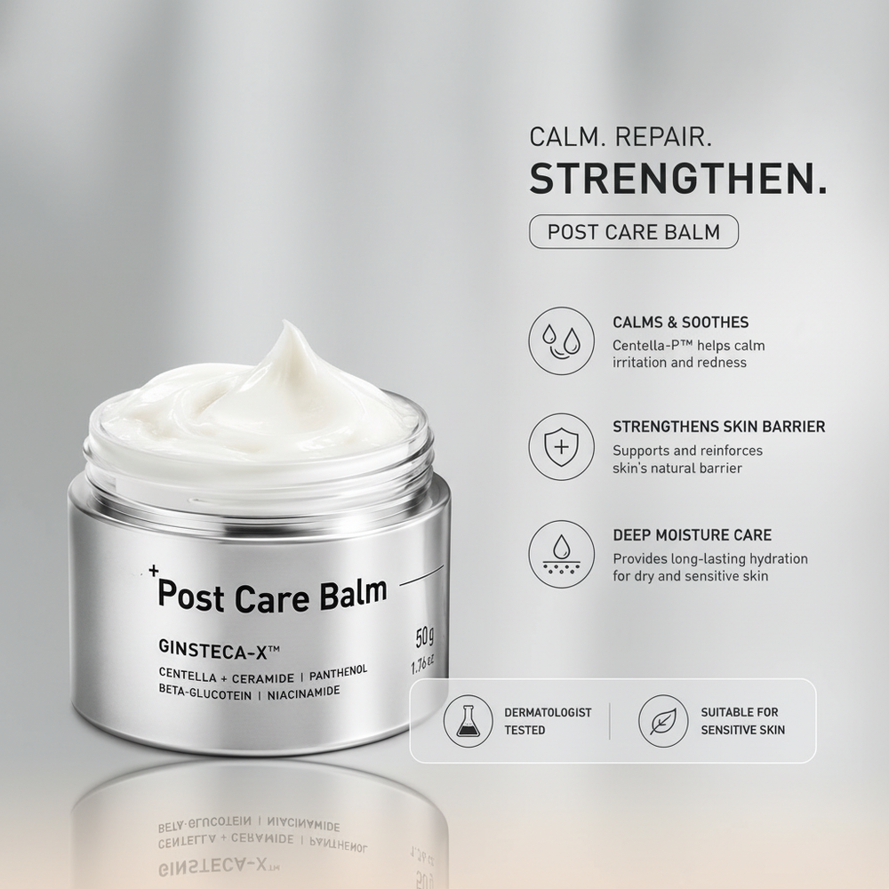 BepCalm Post Care Soothing Recovery Balm in a modern studio shot, highlighting its texture and design against a clean gradien