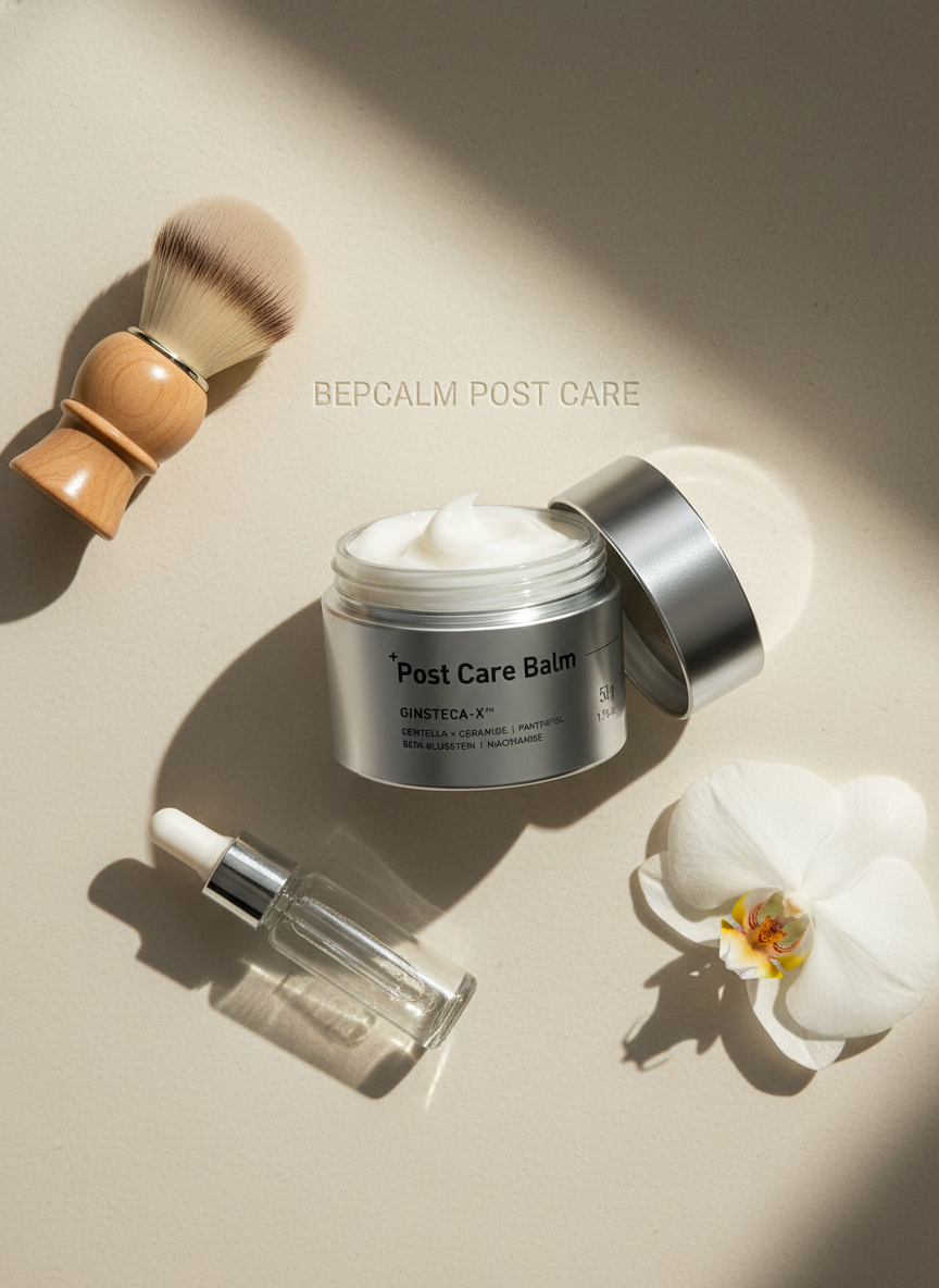 Flat-lay of BepCalm Post Care Soothing Recovery Balm tube, a shaving brush, and a delicate leaf on a warm, minimalist surface