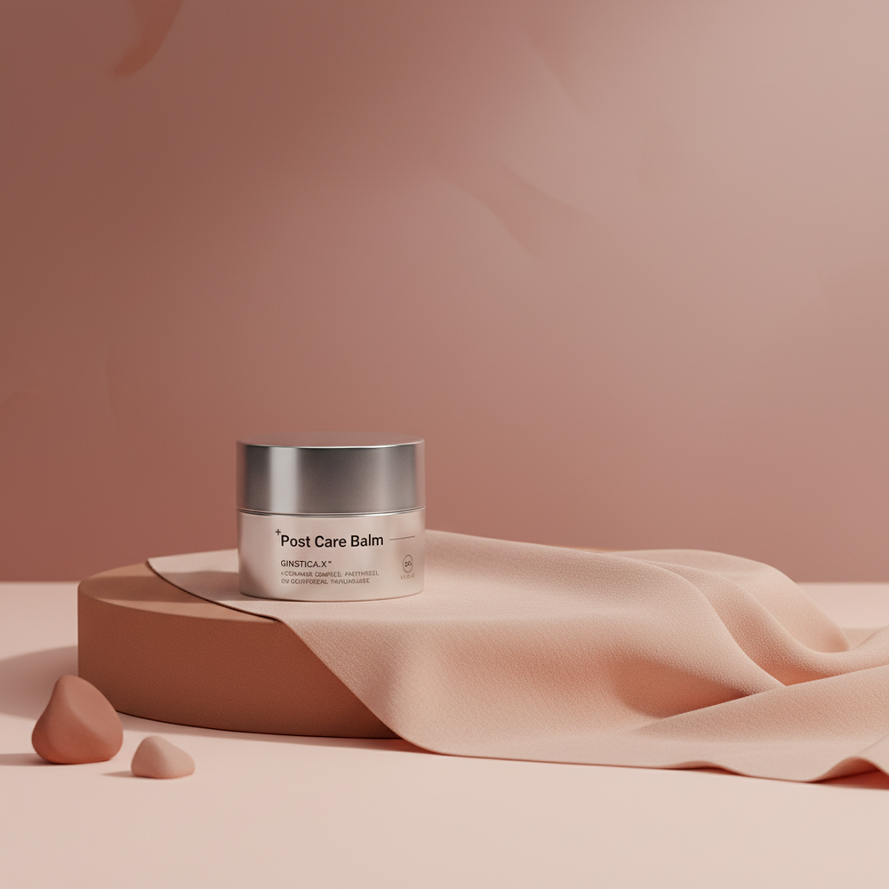 DA EFFECT Barrier Repair Balm tube on a soft gradient background of dusty rose and blush peach, with subtle burnt sienna. The