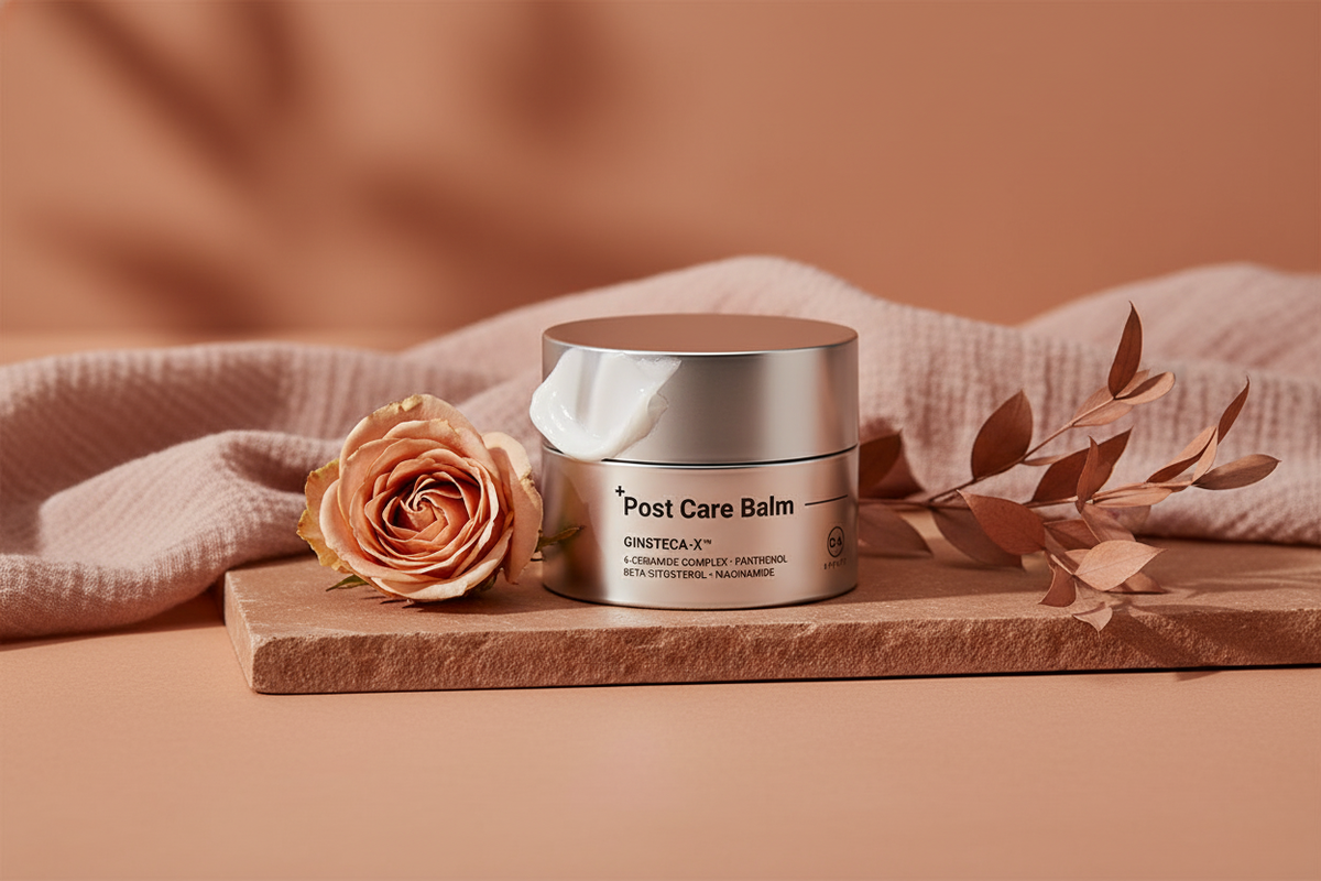 DA EFFECT Barrier Repair Balm on a warm beige surface, surrounded by a blush peach rose and terracotta fabric, with soft ligh